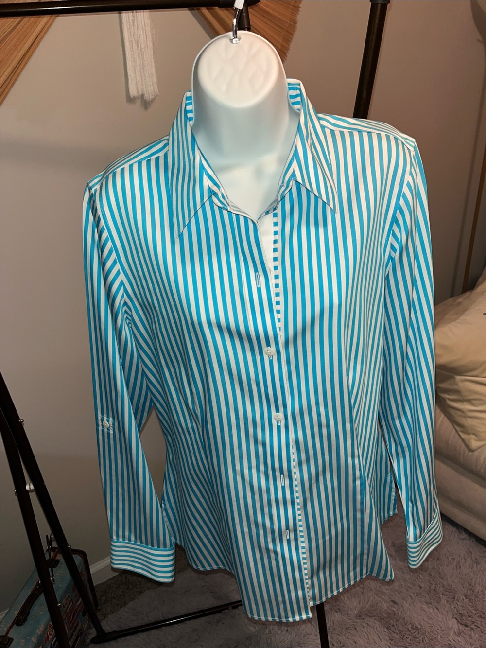 Foxcroft Blue and White Striped Non-Iron Button Shirt